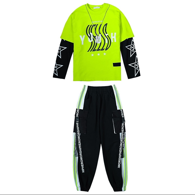 2 Pieces Kids Boys T-shirt & Pants Clothing Set Outfit Letter Long Sleeve Patchwork Cotton Set Outdoor Fashion Cool Winter Fall 7-13 Years Green4