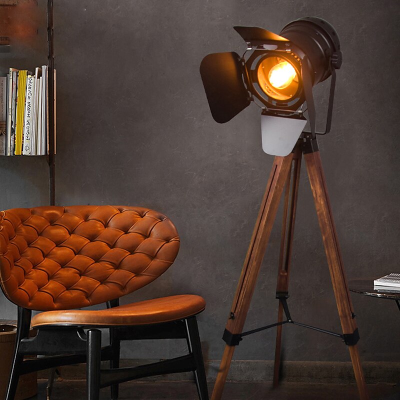 Cinema Projector Floor Lamp, Farmhouse Tripod Lamp for Bedrooms Vintage Steampunk Adjustable 59" Black Metal Camera Wooden High Lights for Study Corner, Office,Brown2