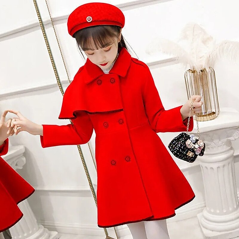 Kids Girls' Coat Long Sleeve Pink Red White Plain Pleated Fall Winter Active Street 3-12 Years / Basic / Cotton4