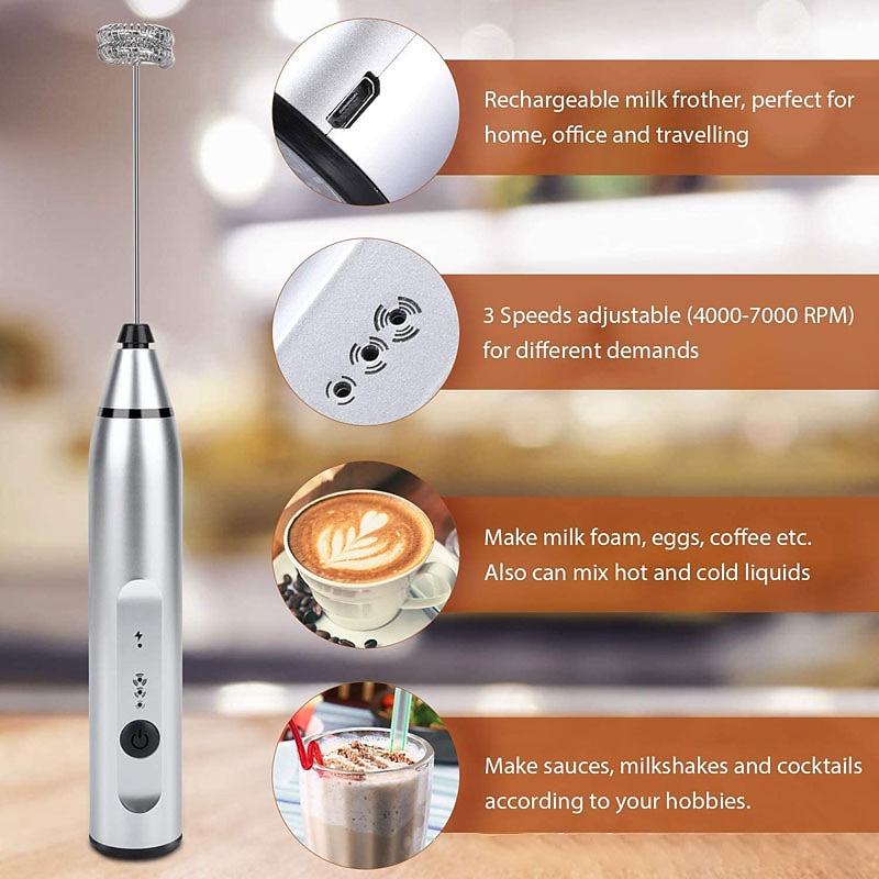 Milk Frother Handheld with 3 Heads Coffee Whisk Foam Mixer with USB Rechargeable 3 Speeds Electric Mini Hand Blender for Latte Cappuccino Hot Chocolate Egg3