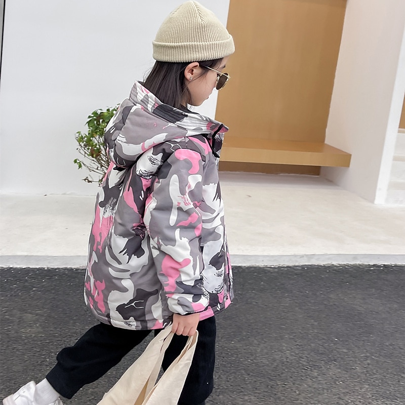 Kids Girls' Down Coat Camo Fashion Outdoor Cotton Coat Outerwear 3-13 Years Fall Black White Pink3