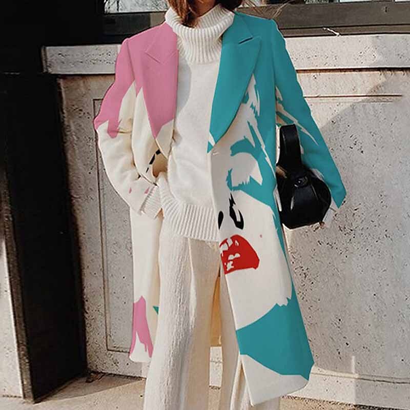 Women's Winter Coat Warm Breathable Street Vacation Going out Print Open Front Turndown OL Style Elegant Modern Abstract Regular Fit Outerwear Long Sleeve Winter Fall Green S M L XL XXL 3XL