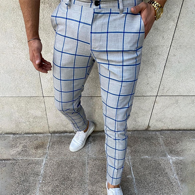 Men's Trousers Chinos Jogger Pants Plaid Dress Pants Pocket Breathable Soft Casual Daily Fashion Streetwear Blue Orange Micro-elastic2