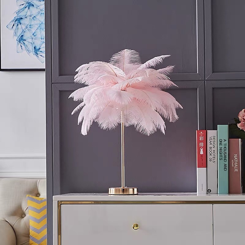 White Feather Table Lamp with Plug in Wire Modern Feather Lamp 3-Light Bedside Table Lamp for Bedroom Nightstand Lamp Desk Night Light in Gold Christmas gift3