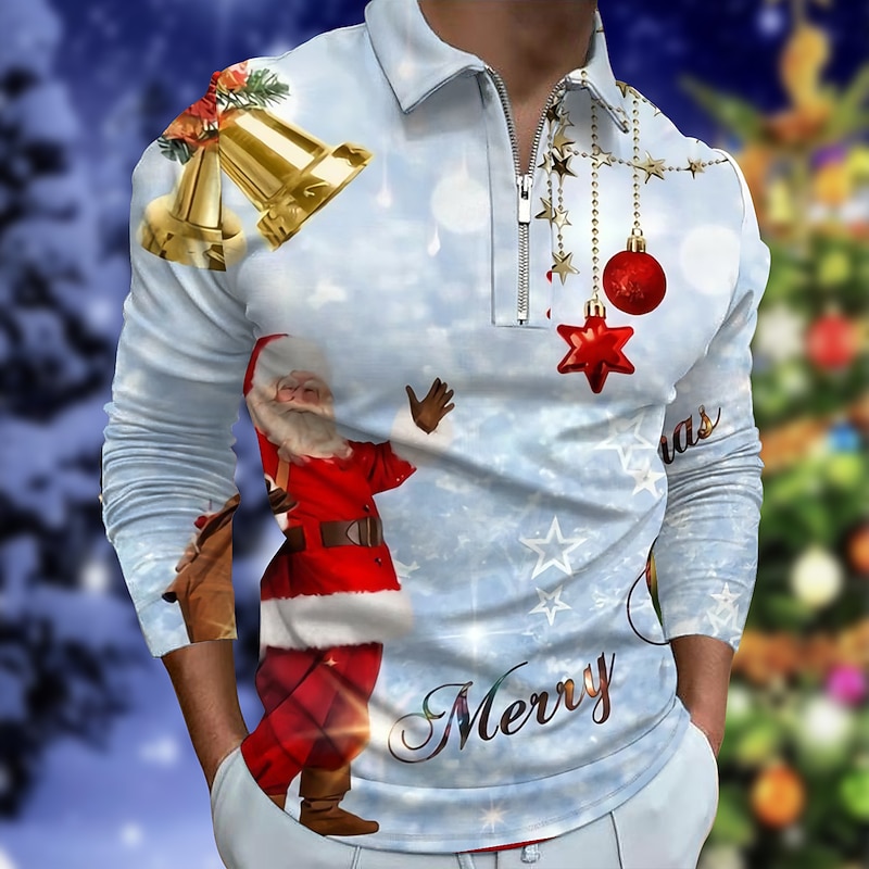 Christmas Men's Christmas Scene 3D Zipper Polo Collar Golf Santa Claus Collar Red Street Long Sleeve Zipper Clothing Apparel Fashion Casual Breathable Comfortable3