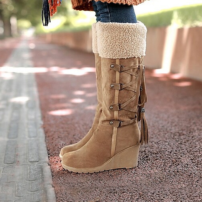 Women's Beige Knee - High Wedge Boots, Faux Shearling Lined with Tassel & Buckle Detail, Cozy & Stylish for Winter Casual Wear4