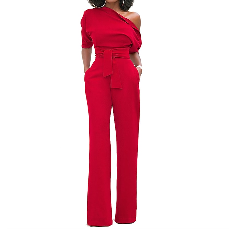 Women's Normal Jumpsuit Elegant Solid Color Half Sleeve One Shoulder Pocket High Waist Wedding Party Regular Fit Black White Yellow Fall2