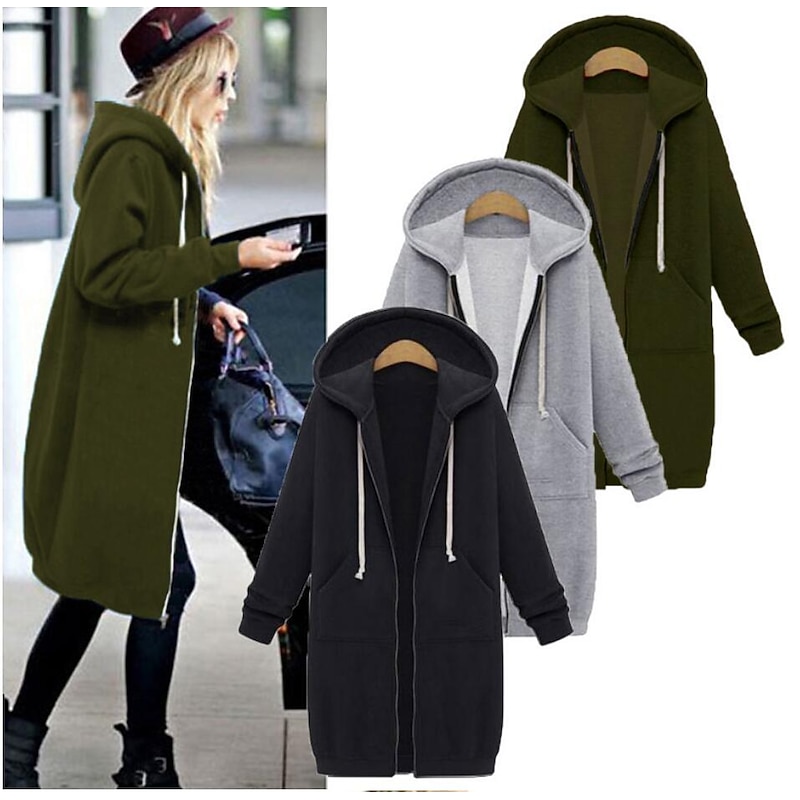 Women's Fleece Shirts Zip Up Hoodie Sweatshirt Fleece Jacket Vintage Streetwear Comfrt Fleece Solid Color Street Casual Hoodie Zip Up Drawstring Front Pocket Long Sleeve Black Light Grey2