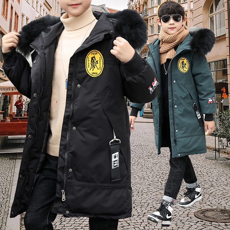 Kids Boys' Down Coat Puffer Jacket Outerwear Letter Long Sleeve Coat School Cool Adorable Black Green Fall Winter 7-13 Years