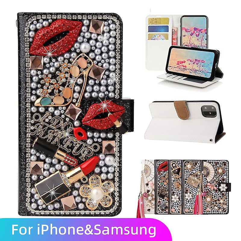 Phone Case For iPhone 17 Pro Max 17 Air 16 15 14 Pro Max Plus 13 12 11 Pro Max Mini Wallet Case Flip Cover Full Body Protective Bling Glitter Shiny Shockproof PU Leather
