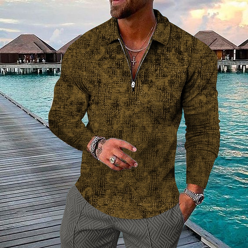 Men's Geometric Hawaiian Polo Shirts Golf Shirt Long Sleeve Polo Shirts Collared Shirts Casual Beach Wear Vacation Wear Party Outfits 3D Print Quarter Zip Polo Yellow Army Green Red3