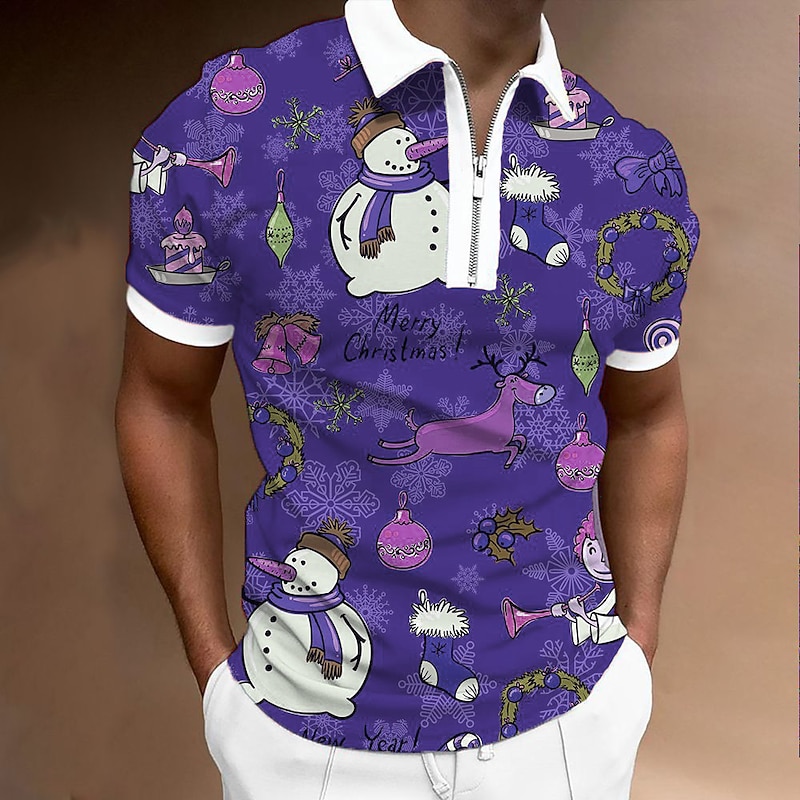 Christmas Men's Christmas Scene 3D Zipper Polo Golf Snowman Collar Yellow Pink Red Blue Light Purple Outdoor Street Short Sleeve Zipper Print Clothing Apparel Fashion Streetwear Sportswear Casual4