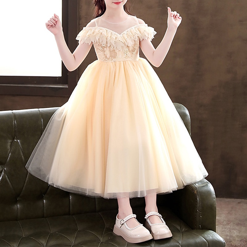 Kids Girls' Party Dress Solid Color Long Sleeve Special Occasion Princess Polyester Party Dress Summer Spring 4-13 Years White Champagne Pink2