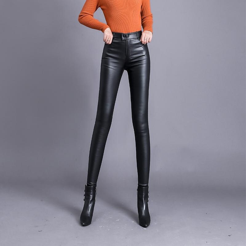 Women's Fleece Pants Leather Pants Pants Trousers Casual Lounge Full Length High Waist Solid Colored Side Pockets High Cut Thermal Warm High Elasticity Vacation Party Office Black Fall & Winter3