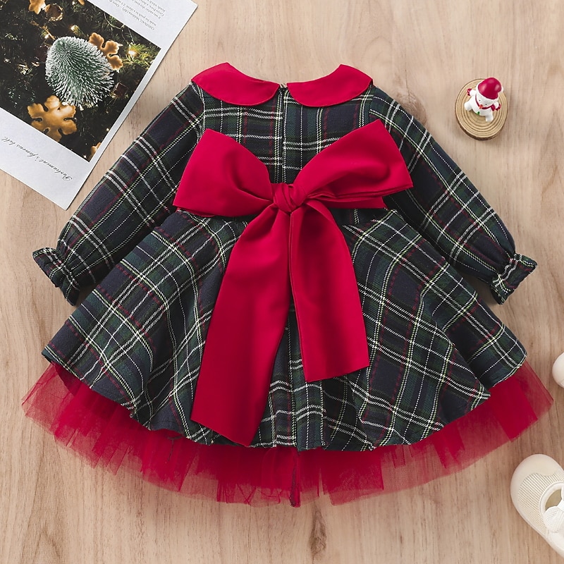 Toddler Girls' Dress Plaid Ugly Long Sleeve Performance Anniversary Pocket Cute Adorable Polyester Party Dress A Line Dress Fall Winter 3-7 Years 4-7 Years Red3