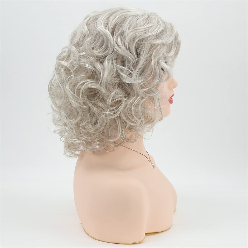 Gray Curly Short Wigs for White Women Silver White Mixed Brown Wavy Bob Wig with Bangs Synthetic Hair Replacement Wig Christmas Party Wigs3