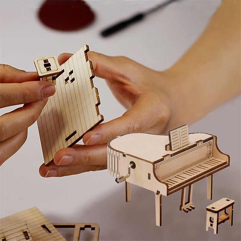 3D Puzzles for Adults Kids DIY Music Box - Piano Hand Crank Engraved Musical Box Wooden Building DIY Kits for Adults Desk Display Gift for Boys/Girls (Piano)2