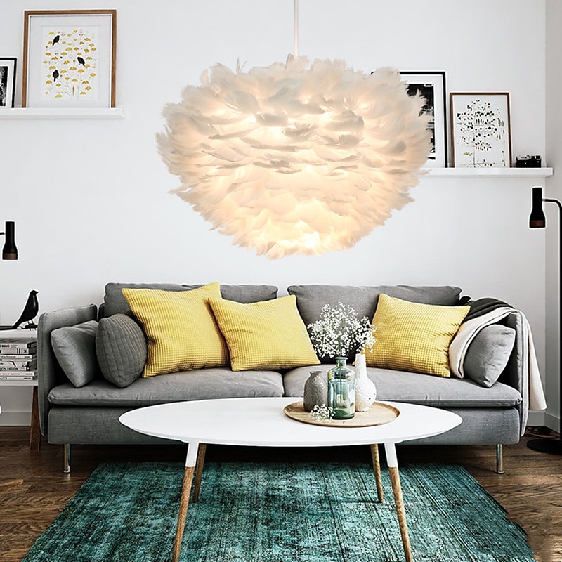 LED Pendant Light  Ostrich Feather Bedroom Cord Adjustable 3000-6000K 50CM Feather Chandelier Romantic Decorative Hanging Ceiling Light Fixture for Girls Room Bedroom