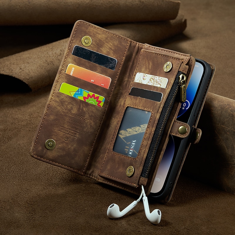 Phone Case For iPhone 16 15 14 Pro Max Plus 13 12 11 Pro Max Mini Wallet Case with Stand Holder Detachable Full Body Protective Retro PU Leather3