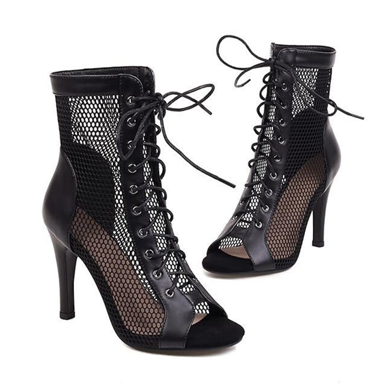 Women's Sexy Black Lace-Up Mesh Dance Boots with Peep-Toe Design - Ideal for Dance Parties and Performances3