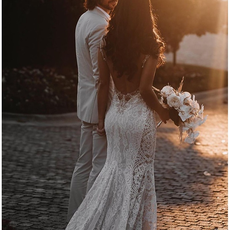 Beach Wedding Beach Open Back Sexy Boho Wedding Dresses Mermaid V Neck Sleeveless Court Train Lace Bridal Gowns With Appliques3