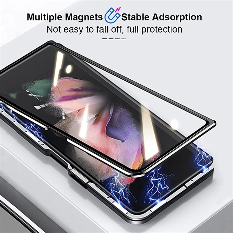 Phone Case For Samsung Galaxy Z Fold 5 Z Fold 4 Z Fold 3 Magnetic Adsorption Flip Mirror Transparent Transparent Tempered Glass Metal4