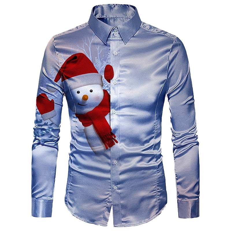Christmas Men's Christmas Scene Printed Shirts Snowman Turndown Blue Gold Light Blue Gray 3D Print Outdoor Long Sleeve Button-Down Print Clothing Apparel Fashion Designer Casual Breathable2