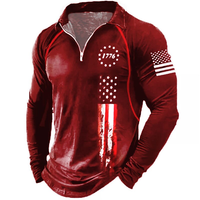 Men's American Flag Veterans Zip Polo Shirts Golf Shirt Long Sleeve Polo Shirts Collared Shirts Casual Streetwear Vacation Wear Party Outfits 3D Print Quarter Zip Polo Black Red Navy Blue2