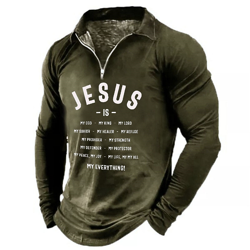 Men's Jesus Christian Zip Polo Shirts Golf Shirt Long Sleeve Polo Shirts Collared Shirts Vintage Casual Vacation Wear Festival Wear Party Outfits 3D Print Quarter Zip Polo Wine Blue Dark Green