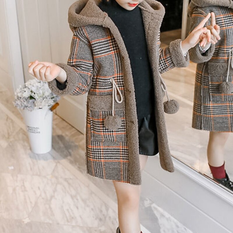 Kids Girls' Woolen Coat Long Sleeve Pink khaki White Plaid Winter Fall Fashion Outdoor 7-13 Years3