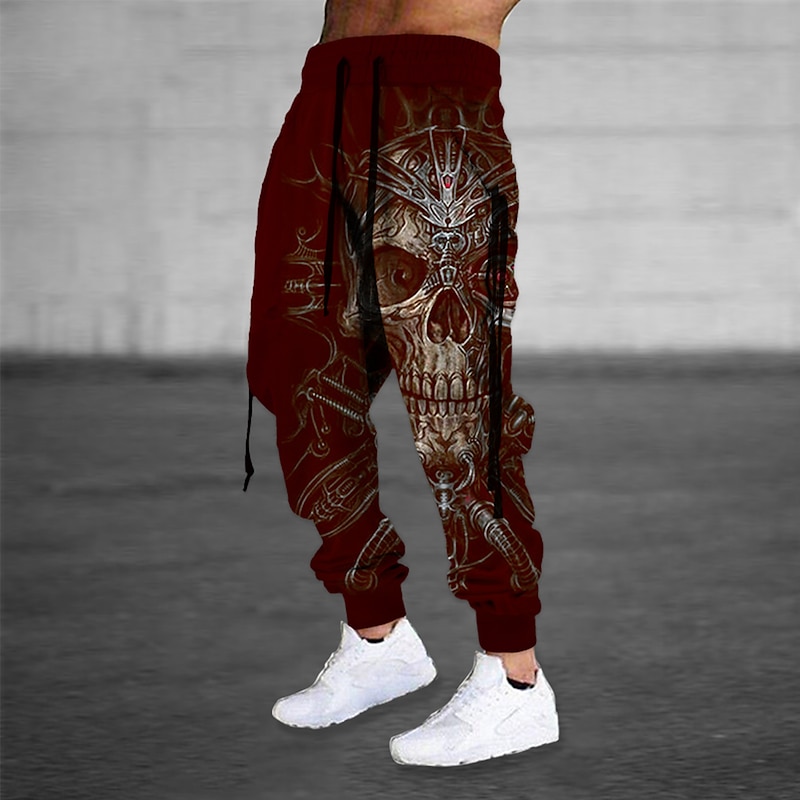Men's Sweatpants Joggers Trousers Drawstring Side Pockets Elastic Waist Skull Graphic Prints Comfort Breathable Sports Outdoor Casual Daily Cotton Blend Terry Streetwear Designer Black Red3