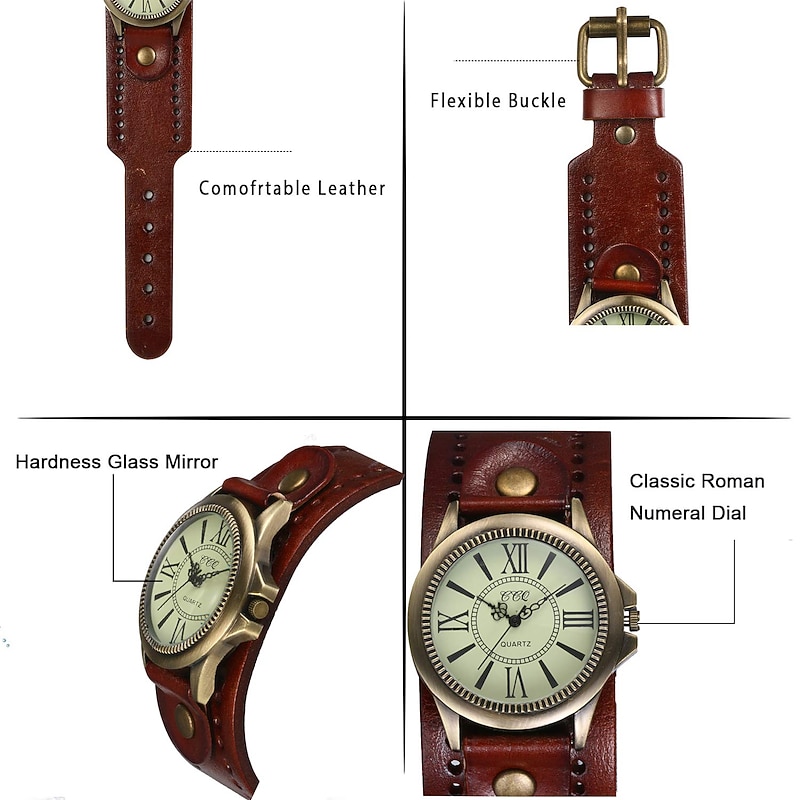 Quartz Watch for Women Men Analog Quartz Retro Vintage Metal PU Leather Strap Wrist Watch3