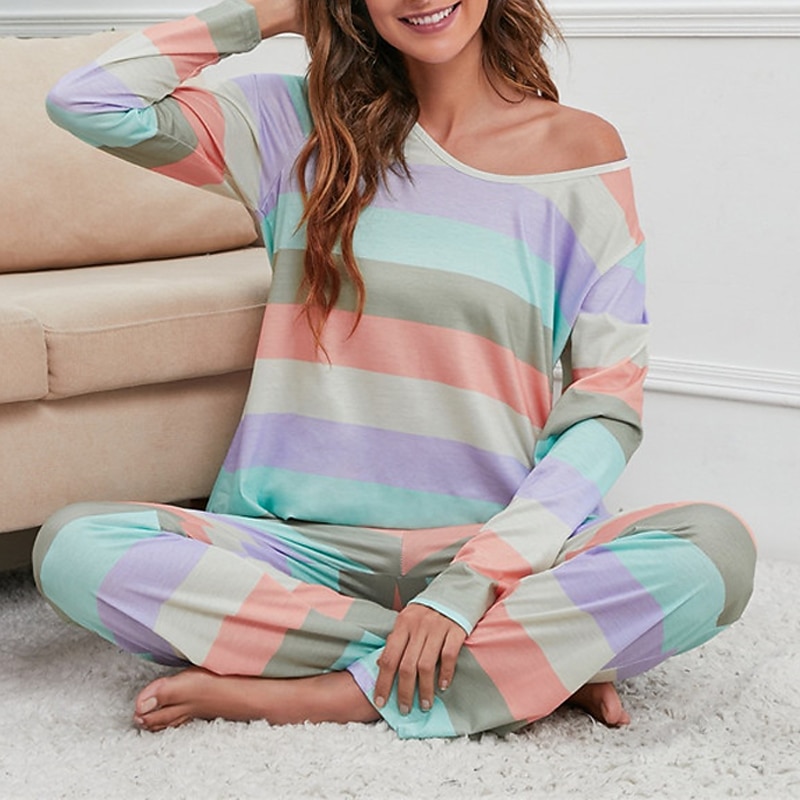Women's Pajamas Nighty Pjs Sets 2 Pieces Rainbow Stripe Fashion Comfort Soft Home Daily Bed Cotton Breathable V Wire Long Sleeve T shirt Tee Pant Spring Fall Home Outfits