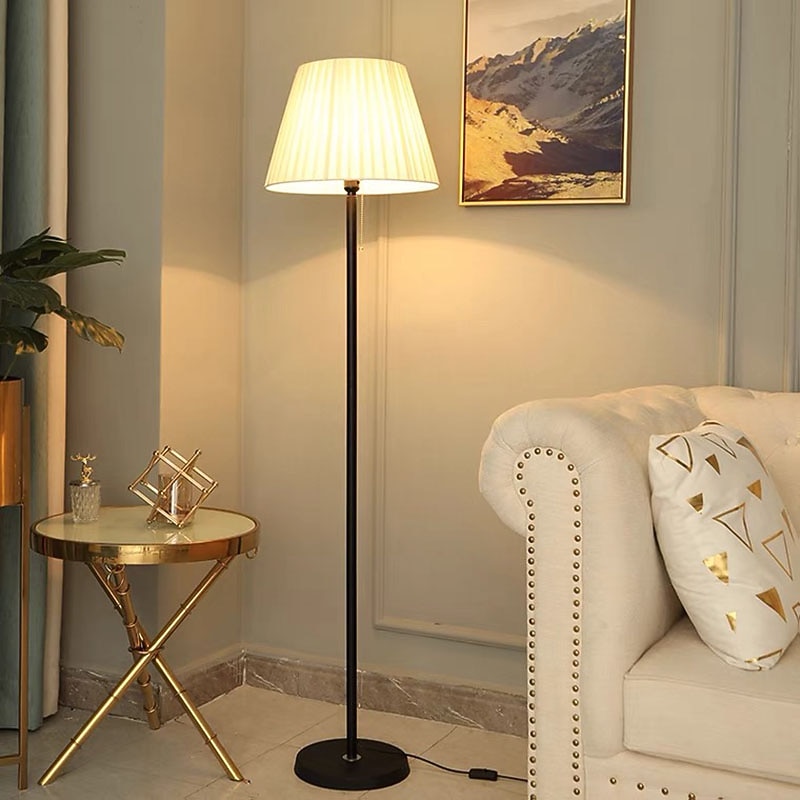 Modern Floor Lamp for Living Room, Height Adjustable Standing Lamp with Brass Base, Gold Brass Tall Post Light with White Linen Shade for Reading, Bedroom, Pull Chain Switch, Bulb Included2