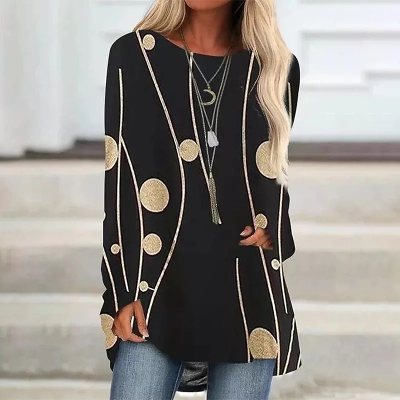 Women's T shirt Long Sleeve Tee Tunic Black White Yellow Graphic Floral Print Long Sleeve Casual Weekend Tunic Vintage Round Neck Long Regular Fit Abstract Painting Plus Size L Prefall2