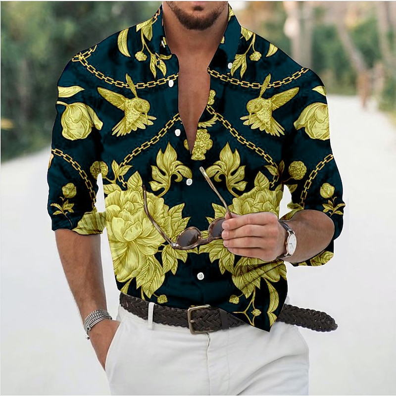 Men's Floral Chains Print Shirt Button Up Shirt Long Sleeve Vintage Fashion Designer Daily Holiday Going out Spring & Summer Turndown 3D Print Button-Down Black Red Navy Blue Green3