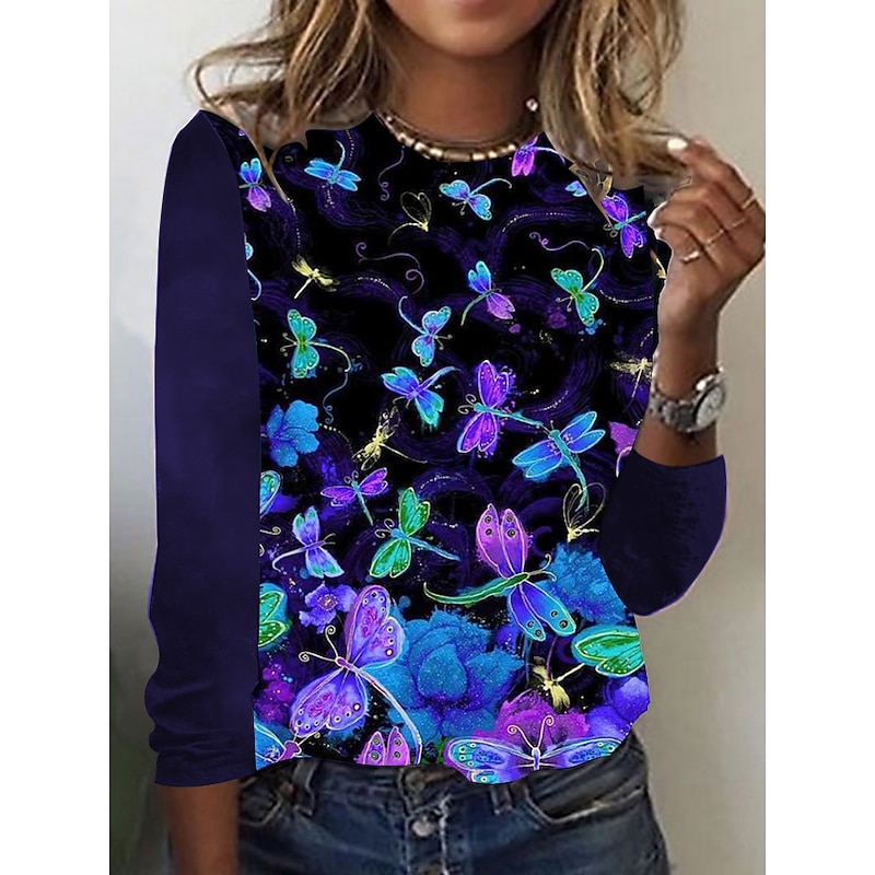 Women's T shirt Crew Neck Long Sleeve Tunic Vintage Basic Butterfly Print Regular Tops Round Neck Daily Weekend Pink Blue Purple Brown Green Fall & Winter2