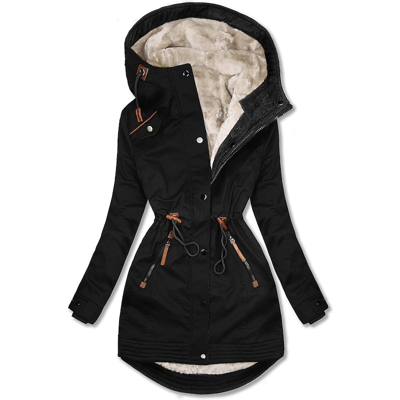 Women's Winter Jacket Parka Warm Zipper Buttons Fleece Lined Casual Street Style Plain Street Casual Daily Casual Daily Zipper Regular Hoodie Regular Fit Long Sleeve Outerwear Black Green Dark Blue3