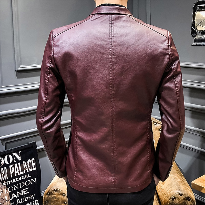 Men's Faux Leather Jacket Blazer Office & Career Daily Wear Warm Pocket Button-Down Spring &  Fall Solid / Plain Color Stylish Warm Ups Turndown Faux Leather Wine Black khaki Dark Blue Jacket4