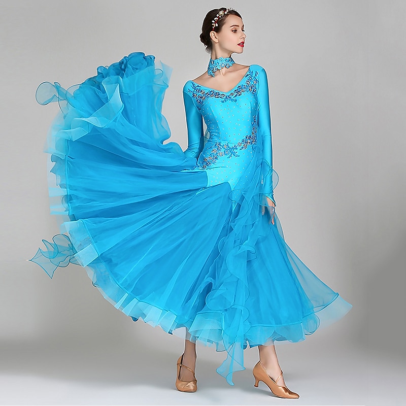 Ballroom Dance Dress Rhinestone Embroidery Women's Performance Training Long Sleeve Spandex Organza