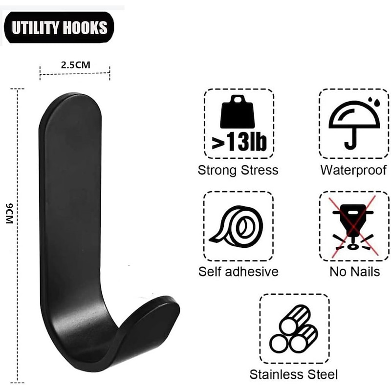 5pcs Self Adhesive Wall Hooks Stainless Steel Towel Hooks No Drilling Wardrobe Hook Self Adhesive Wall Hooks for Hanging Towels, Keys J-Shaped Hook3