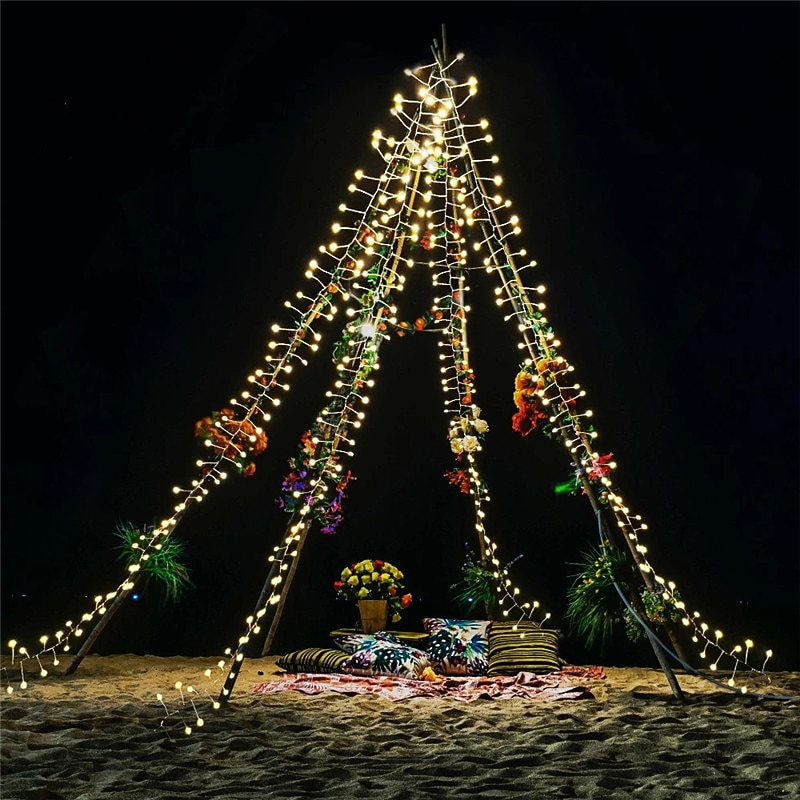 Christmas Cluster Lights Outdoor Waterproof Christmas Firecrackers String Light DC31V Twinkle Cluster Fairy Light Fireworks Warm White Light For Yard Tree Decor Lighting EU Plug New Upgrade