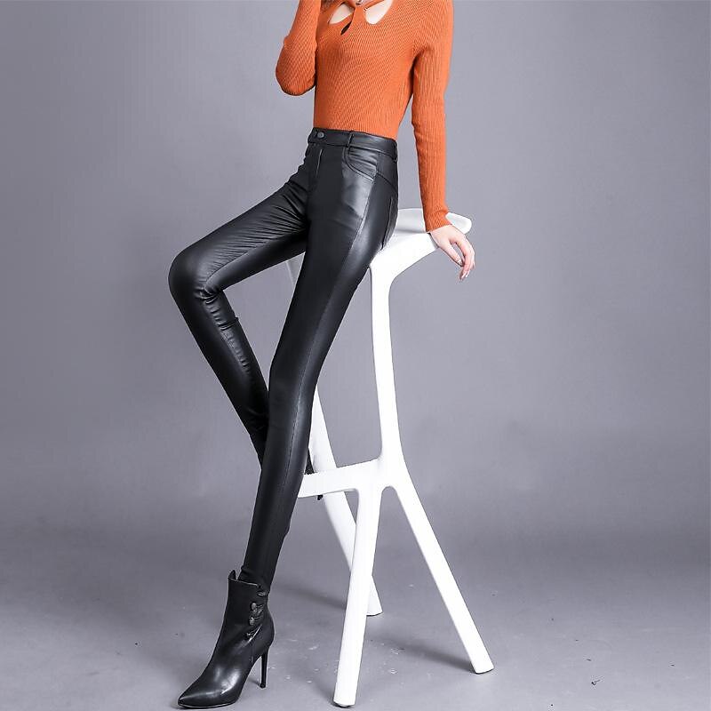 Women's Fleece Pants Leather Pants Pants Trousers Casual Lounge Full Length High Waist Solid Colored Side Pockets High Cut Thermal Warm High Elasticity Vacation Party Office Black Fall & Winter4