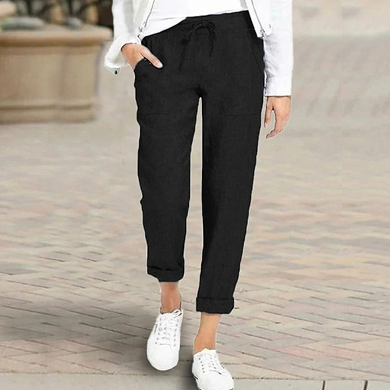 Women's Pants Trousers Capri shorts Baggy Faux Linen Solid Colored Baggy Ankle-Length Mid Waist Basic Casual Daily Black Wine S M Summer Spring &  Fall3