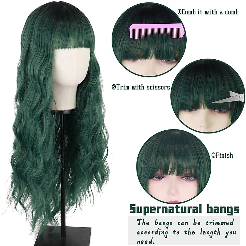 Long Dark Green Wig with Bangs Ombre Curly Green Wig for WomenLong Dark Green Cosplay Wig Synthetic Natural Looking for Daily and Party Christmas Party Wigs St.Patrick's Day Wigs3