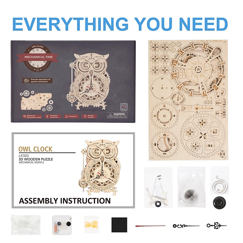 Wood 3D Puzzles for Adults Wooden Owl Clock Mechnical Gear Model Kits Gift for Adults & Teens (122 PCS)3