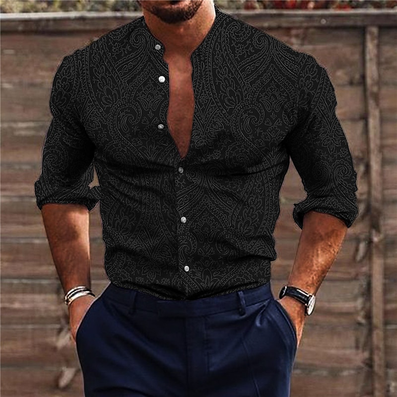 Men's Floral Shirt Button Up Shirt Long Sleeve Vintage Fashion Designer Outdoor Casual Holiday Fall & Winter Stand Collar Print Button-Down Black White Yellow Blue Brown3