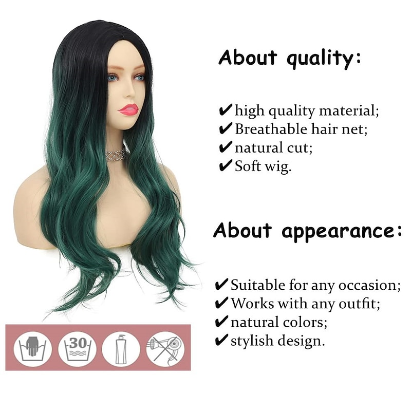 Ombre Green Long Wavy Curly Wigs for Women Dark Green Synthetic Hair Wigs Dark Roots Hair Women Full Wig Cosplay Christmas Party Wigs Daily Use3