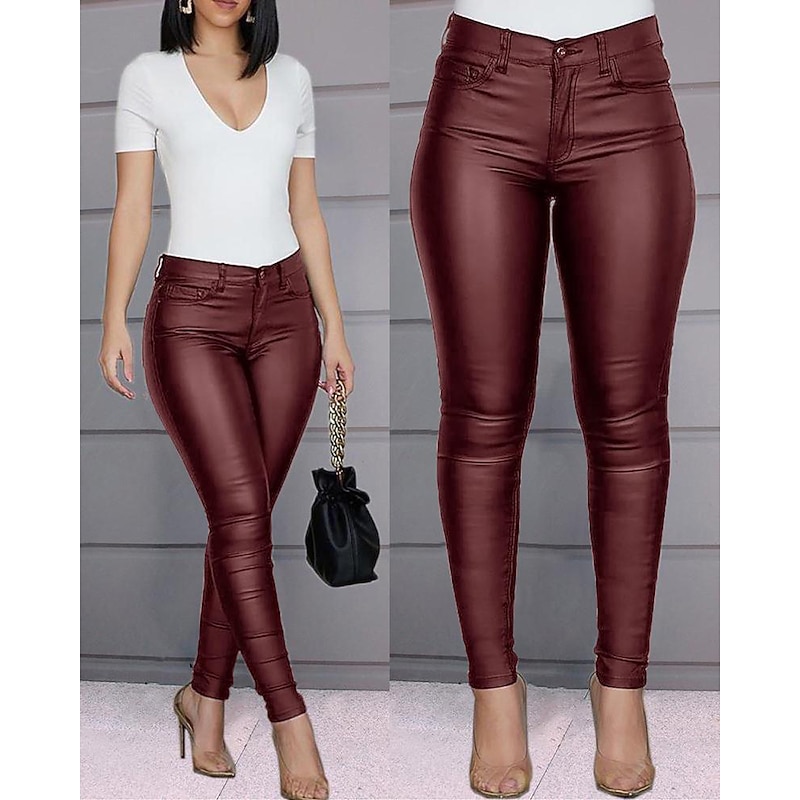Women's Skinny Leather Pants Pants Trousers Fashion Ankle-Length Plain Side Pockets Butt Lift Comfort Tummy Control Stretchy Party Casual Daily claret Black Blue Slim