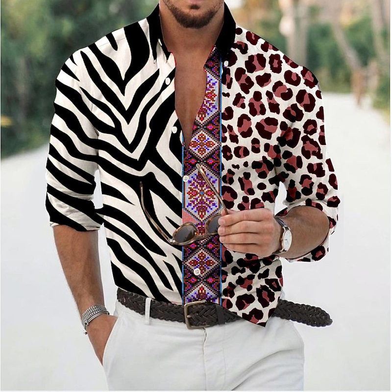 Men's Leopard Zebra Shirt Button Up Shirt Long Sleeve Fashion Designer Casual Daily Holiday Going out Spring & Summer Turndown 3D Print Button-Down Black Pink Purple Green4